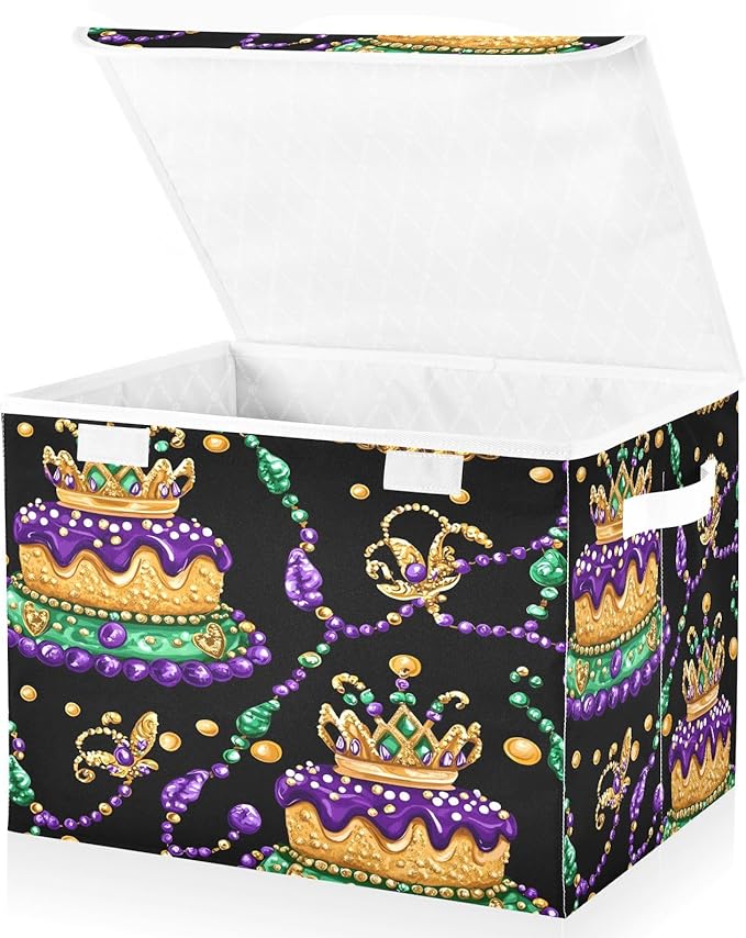 Christmas Storage Baskets with Lids Mardi Gras Carnival Cake Collapsible Bins Stackable Fabric Linen Baskets Closet Organizer Container 16.5x12.6x11.8
