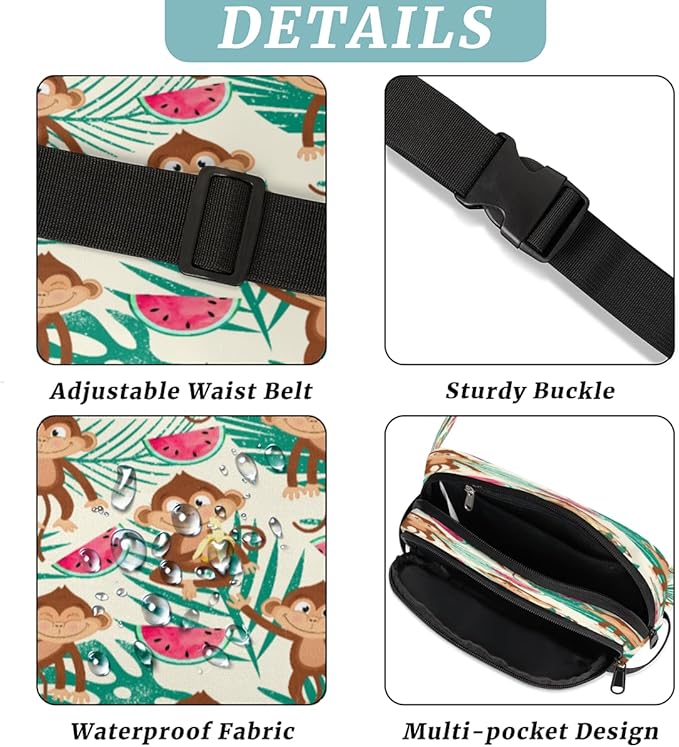 Monkey Watermelon Palm Waterproof Fanny Pack for Women Men Adjustable Waist Bag with Double Zipper Pockets Lightweight Square Hip Pack for Running Travel Hiking Workout Cycling