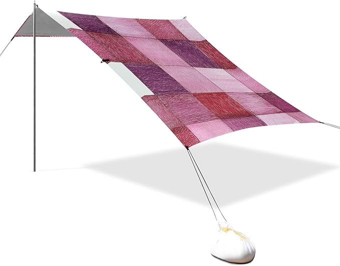 Palevioletred Checked Hand-Drawn Sketch Beach Cabana UPF50+ Water-Resistant Shade Sun Shelter with Sandbags Sand Shovel Poles for Backyard and Camping