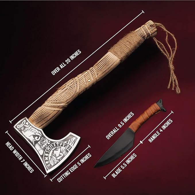 Hand Forged Viking Axe and Knife Set with Leather Sheaths - Carbon Steel Bearded Viking Hatchet Carved Wooden Handle Throwing Axe for Camping Survival Bushcraft Splitting Chopping &amp Hiking