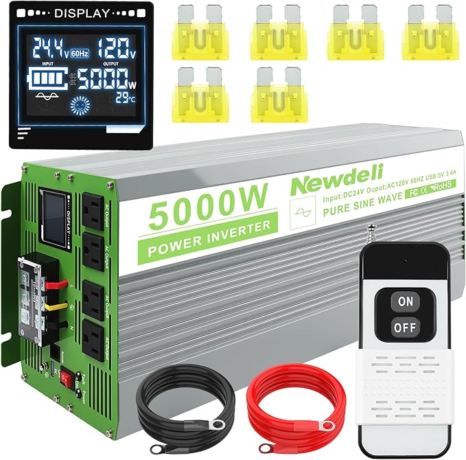Newdeli 5000 Watt Power Inverter 24V DC to 110V/120V AC Converter 10000W Peak Pure Sine Wave Inverter with LCD Display Wireless Controller 4 AC Outlets and 3.4A USB for Vehicles Car Truck RV Solar