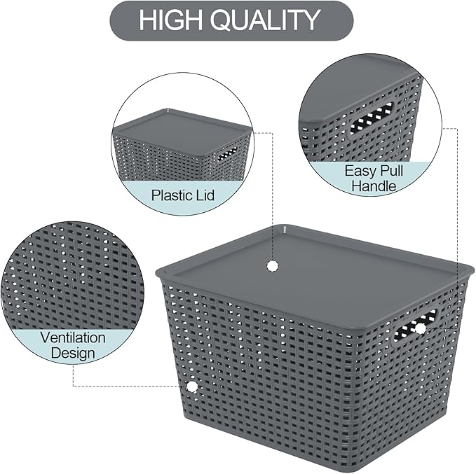 Zopnny Plastic Storage Baskets with Lid Stackable Storage bins for Organizing Shelves Drawers Desktop Closet Playroom Classroom Office 6 Pack 20 Quart