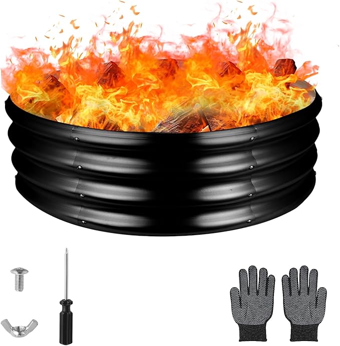 Raynesys 36 Inch Round Galvanized Fire Pit Ring Round Galvanized Fire Ring 3 Feet Diameter Round fire Pit Outdoor fire Pit for Backyard Camping Bonfire Black