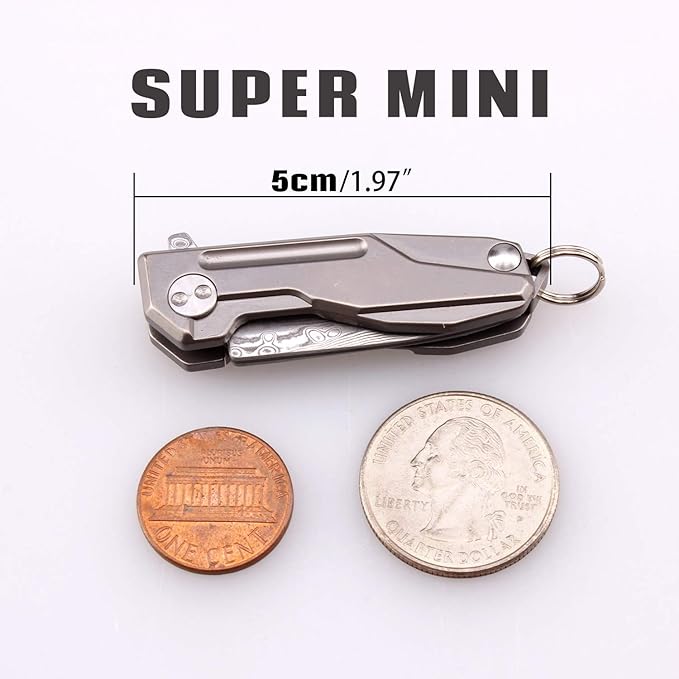 Samior HY002 Ultra Small Little Folding Pocket Flipper Knife 1.3” VG10 Damascus Blade Gray Titanium Handle Frame Lock Mini EDC Keychain Necklace Knives 0.9oz
