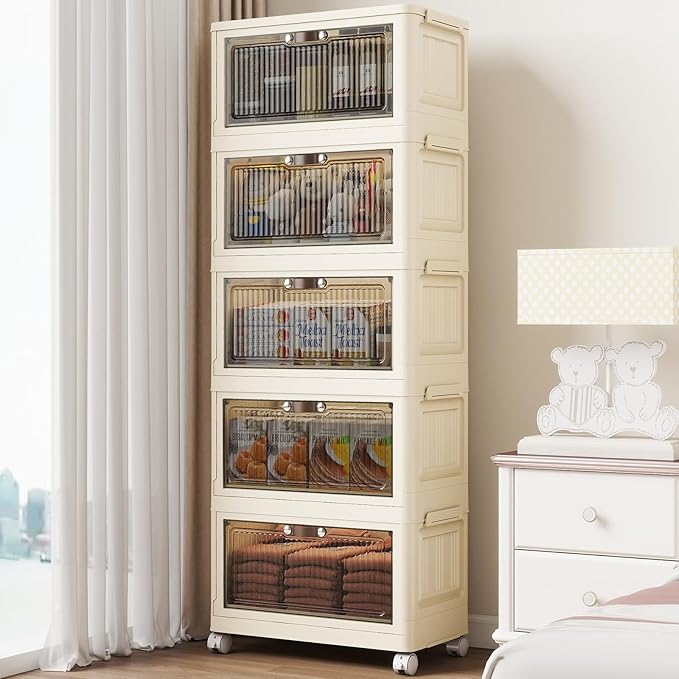 5 Tier - 48QT Storage Bins with Lids Collapsible Storage Bins with Doors and Wheels Plastic Storage Cabinet for Easy Storage and Organization for Living Room Office