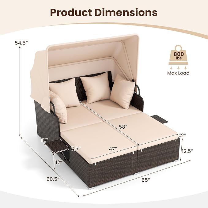 Tangkula Patio Rattan Daybed with Retractable Canopy Outdoor Wicker Sunbed with 2 Foldable Side Tables Thick Seat &amp Back Cushions Outside Double Daybed for Garden Backyard Porch Beige &amp