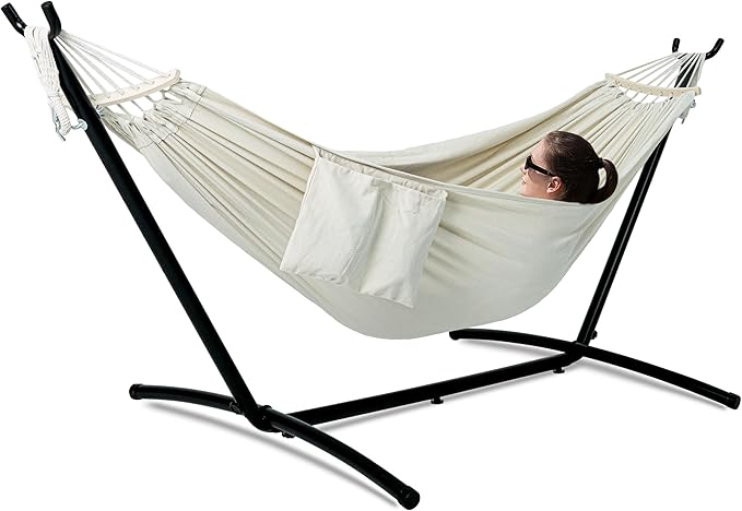 GAFETE Double Hammock with Stand for Outside Upgraded Spreader Bar Heavy Duty Space Saving Steel Stand 2 Person Convenient Pocket Easy Assembly 600lbs Weight Capacity Indoor &amp Outdoor (Natur