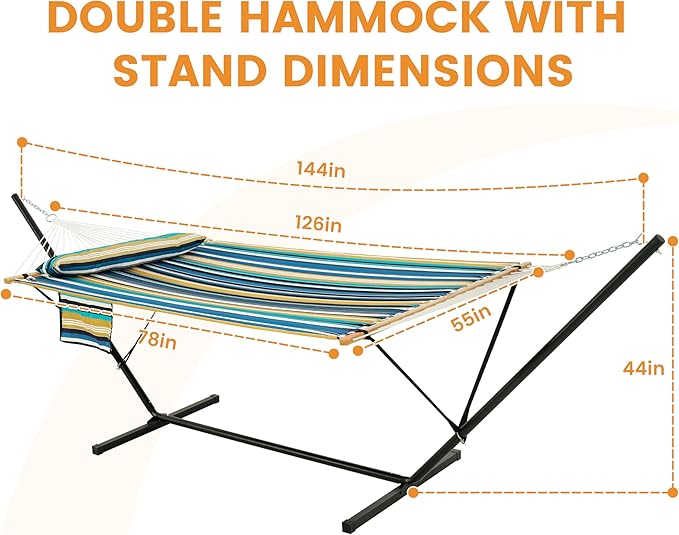 Lazy Daze Hammocks 2 Person Portable Hammock with 12FT Stand for Outside Quilted Double Hammock with Spreader Bar and Detachable Pillow 450lbs Capacity Perfect for Outdoor Patio Beach Stripes