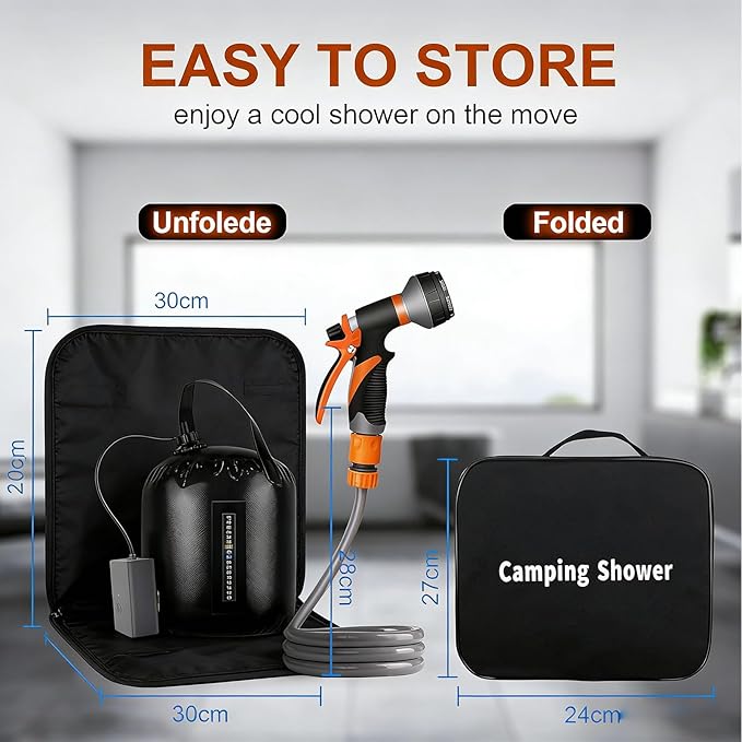 Brand Electric Portable Solar Camping Shower 20L (5Gal) - 4400mAh USB-C 90-120min Runtime 8 Modes Adjustable Pressure Food-Grade Material for Camping Hiking Beach RV Backpacking