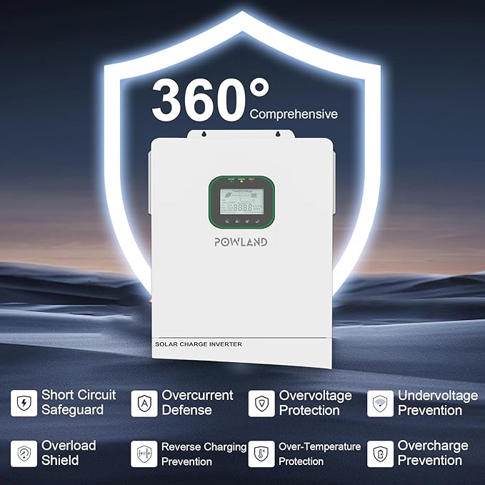 POWLAND 6500W Solar Hybrid Inverter with WiFiCharger 48V DC to 120V AC Power InverterBuilt in 120A MPPT Charge ControllerWork with 48V Lead Acid/LiFePO4Support Parallel up to 6 inverters