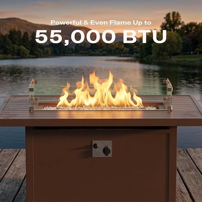 43 Aluminum Propane Fire Pit Table with 55000 BTU Rectangle Outdoor Gas Fire Table with Glass Wind Guard Glass Stones &amp Waterproof Cover Patio Fire Table for Backyard Deck Garden Brown