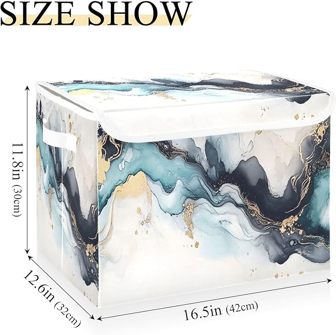 Storage Cube with Lid Teal Gold Marble Print 16.5×12.6×11.8 IN 1 Pack Collapsible Large Capacity Foldable Storage Basket Bin Organizer
