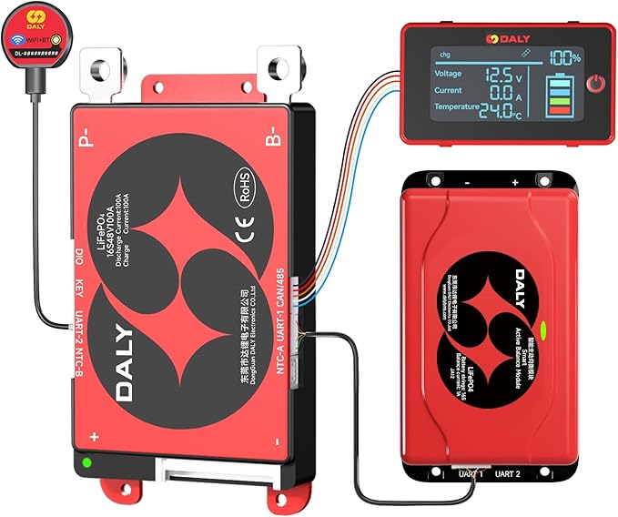 DALY BMS Balance 48V 100A Display - Smart 1A Active Balance BMS 16S with 3 Inch LCD Screen WiFi Bluetooth Module Supports RS485 CAN for LiFePO4 Battery Pack Golf Carts Electric Outboard Motors Solar