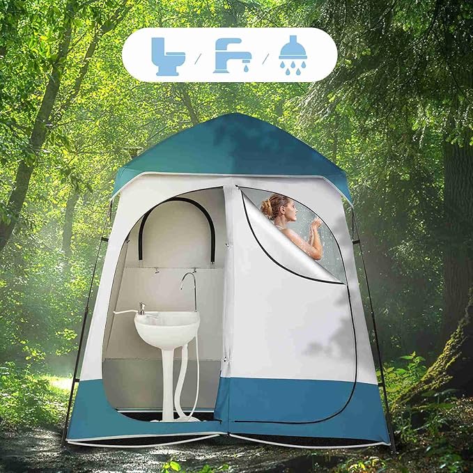 Pop Up Privacy Shower Tent Portable Double Outdoor Camping Shower Shelter Changing Room Instant Tent with 2 Rooms