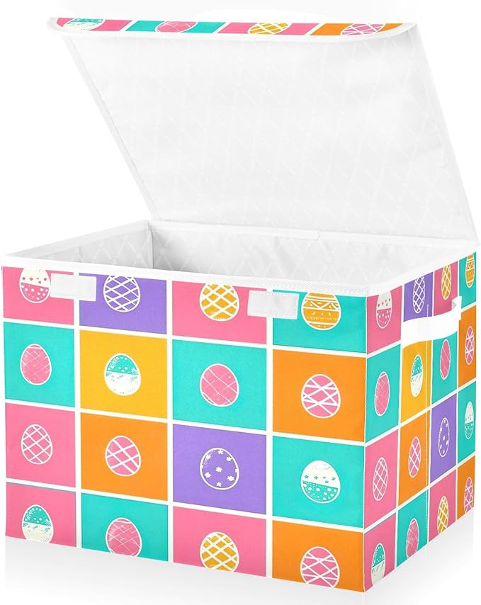 Christmas Storage Baskets with Lids Colorful Eggs Collapsible Bins Stackable Fabric Linen Baskets Closet Organizer Container 16.5x12.6x11.8