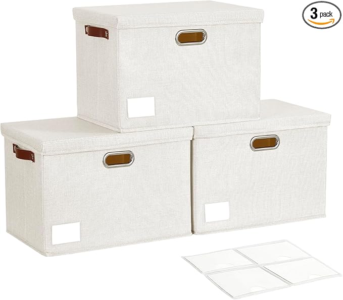 17 Large Collapsible Storage Bins with Lids Stackable Closet Organizers with PU Handle and Labels 3-Pack Decorative Fabric Storage Boxes for Home Bedroom Closet Office Nursery(White)