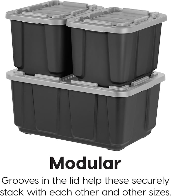 IRIS USA 4-Pack 27 Gallon Storage Bins with Lids |Made in USA| Heavy Duty Plastic Tote Containers for Truckbed Tool Box Organization Large - Gray