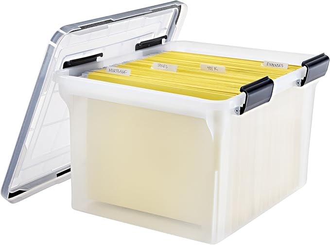 IRIS USA File Box WeatherPro Organizer Plastic for Letter/Legal Water Resistant Document Durable Lid Seal w/Secure Latching Buckles Stackable Nestable Clear 32 Qt. 1 Pack