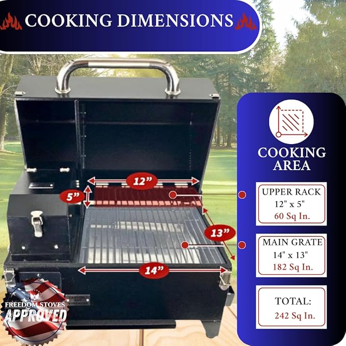 Freedom Portable Pellet Grill &amp Smoker: Digital Display Dual Meat Probes 242 sq in Cooking Area AC/DC Powered Black