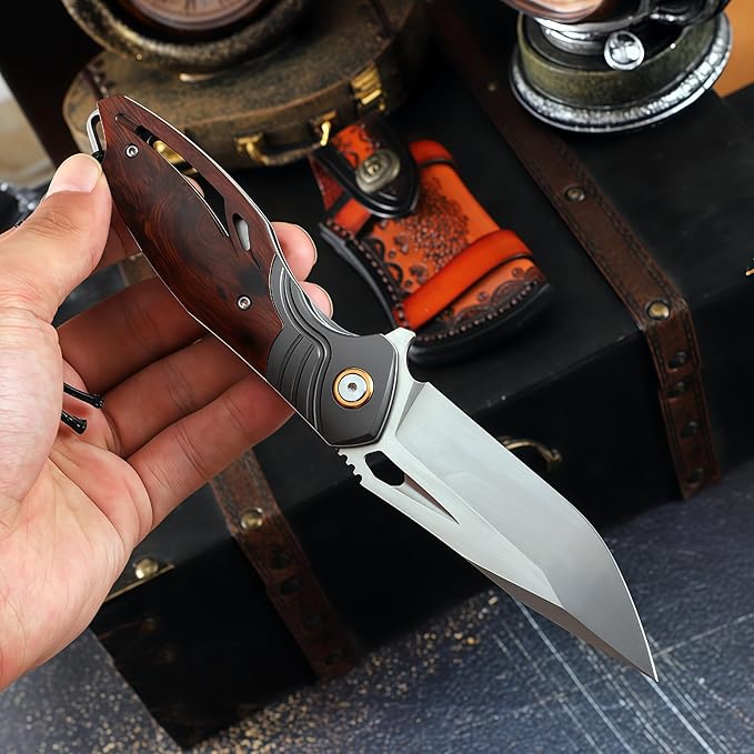 Pocket Knife Hunting Knives &amp Tools Knifes HRC 62 Desert Ironwood Handle Hand-Carved Vegetable-Tanned Leather Sheath Folding Knife for Men