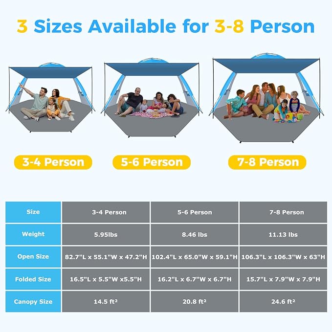 Gorich Beach Tent with Canopy - Easy Setup 3-4/5-6/7-8 Person Portable Sun Shelter UPF 50+ UV Protection Sun Shade Lightweight &amp Compact Beach Cabana for Family Travel