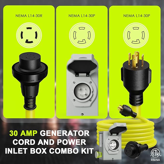 30 Amp Generator Cord 25FT and Power Inlet Box NEMA L14-30P/L14-30R 125/250V Twist Lock Connector with Pre-Drilled NEMA L14-30P Generator Inlet Box for Generator to House ETL Listed