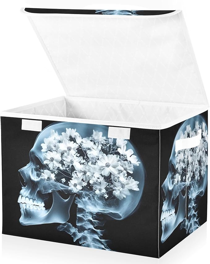 Storage Cube with Lid Skull with Flower Print 16.5×12.6×11.8 IN Collapsible Large Capacity Foldable Storage Basket Bin Organizer