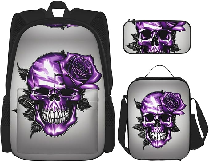 Purple Rose And Skull Backpack With Lunch Box 3 In 1 Set With Pencil Case Large Capacity Backpack With Chest Strap