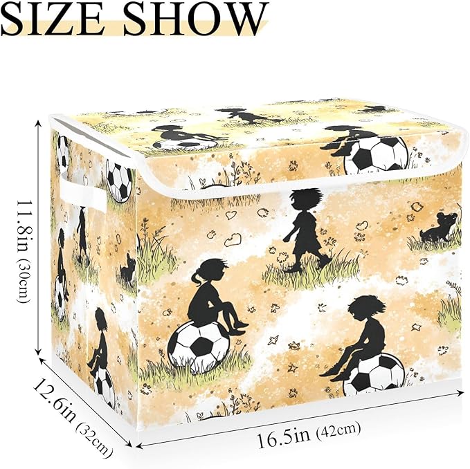 Orange Kids Soccer Ball Grass Storage Box with Lid 1 PC Foldable Storage Bin with Lids Stackable Storage Bins Cube Closet Organizer Basket with Flip-Top Lid &amp Handles for Shoes Books Towels