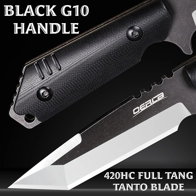 OERLA OLX-004 Tactical Survival Knife with Kydex Sheath Outdoor Fixed Blade with Belt Clip 420HC Steel Blade Camping Knife with G10 Handle