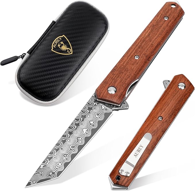 AUBEY Damascus Pocket Knife for Men Sharp Tanto Blade with VG10 Core Folding Knives with Wooden Handle and Glass Breaker for EDC Camping Gift Collection