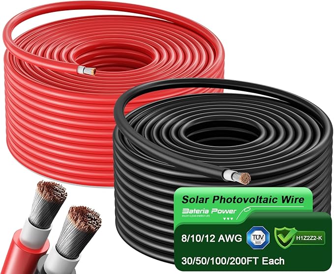 Bateria Power 2x50 Feet Solar Panel Wire 12AWG (4mm²) Tinned Copper Solar Panel Extension Cable PV Wiring for Photovoltaic Solar System Automotive RVs Marine (50FT Red + 50FT Black)