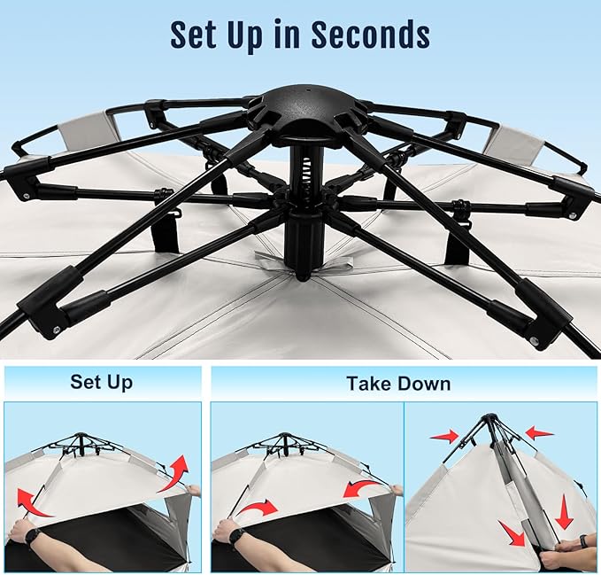 WhiteFang Deluxe Pop Up Beach Tent Sun Shade Shelter for 3-4/5-6 Person UV Protection Extendable Floor with 3 Ventilating Windows Plus Carrying Bag Stakes and Guy Lines