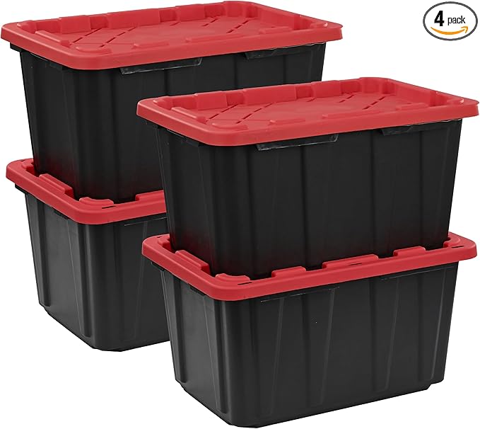 CX BLACK &amp YELLOW XTRA TALL 27-Gallon Heavy Duty Tough Storage Container &amp Snap-Tight Lid (28.5L x 19.4W x 15.2H) Weather-Resistant Design and Stackable Organization Tote [4 Pack]