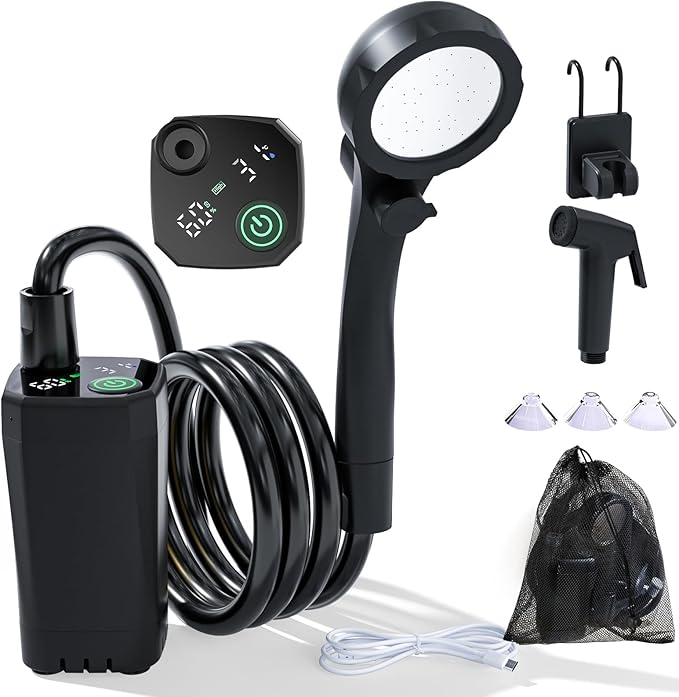 Portable Shower for Camping 6000mAh Rechargeable Camping Shower Pump with Power &amp Temperature Display Shower Head and Bidet SprayerOutdoor Shower Pump for Hiking Travel Pet