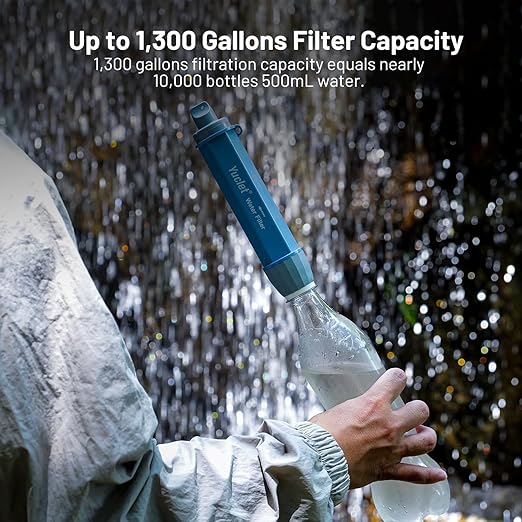 Squeeze Water Filtration System for Hiking Camping Travel and Emergency Preparedness (5 Water Filter Straw 4 Squeezable 34-Oz Water Pouch)
