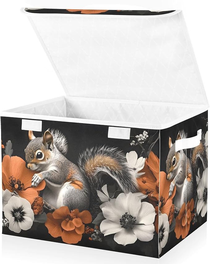 AIXIWAWA Lidded Storage Cube (Flower Cute Animal) Fabric Foldable Closet Bins with Flip Lid and Handles Organizer Basket Container 16.5 x 12.6 x 11.8 IN