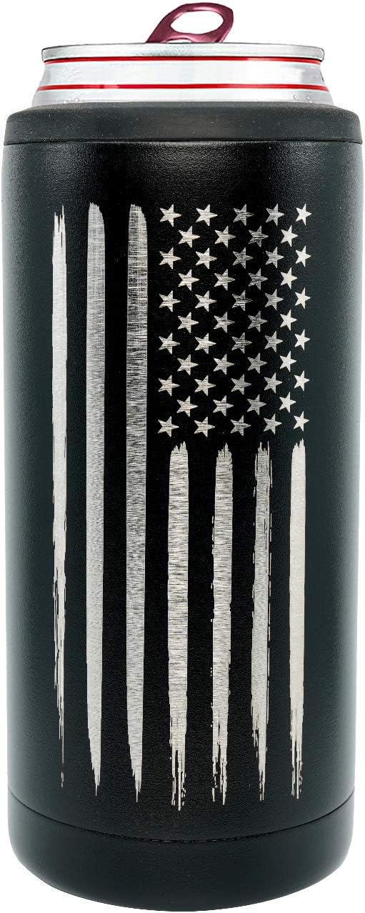 American Flag Skinny Can Cooler for Slim Beer &amp Hard Seltzer Cans | 12oz Stainless Steel Insulated Tall Can Cooler – Gifts for Veterans