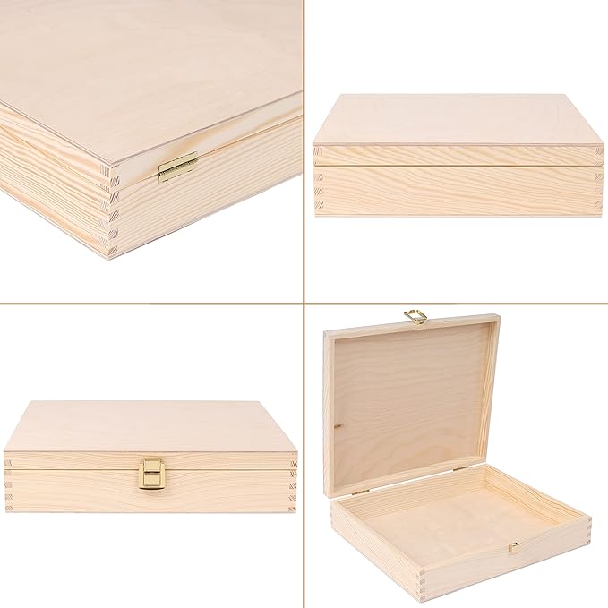 Creative Deco Wooden Storage Box Unpainted Plain | 11.41 x 9.84 x 2.55 in | Golden Latch &amp Lid | Perfect for Storing Valuables &amp Small Items in the Office or Bedroom | Keepsake Memory Trinket