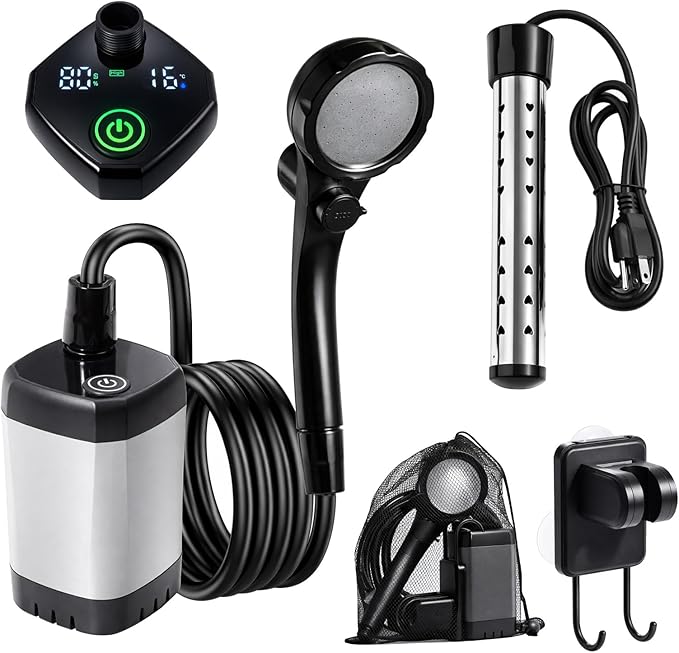 Portable Camping Shower with Heater Long-Lasting 6000mAh Rechargeable Camping Shower with Sprayer Head4 Spray ModesIPX7 Waterproof Outdoor Camp Pump for Hiking Travel Car Pet