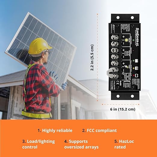Morningstar SunSaver 6A PWM Solar Charge Controller (SS-6L-12V) - Solar Panel Regulator for 12V Batteries Four Stage Battery Charging LVD HazLoc Rated Low Noise 5 Year WTY - Designed in The USA