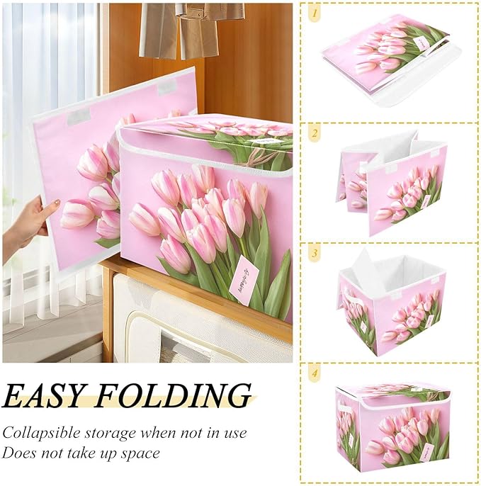 Collapsible Storage Bins with Lids Decorative Fabric Storage Cubes Closet Organizer and Storage Basket Boxes Containers for Clothes Box Chest Nursery Folding Rectangle Tulip Pink Mother's Day