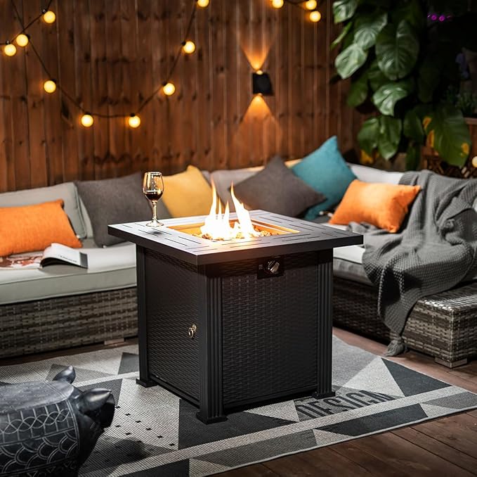 28'' Propane Fire Pit Table 50000 BTU Fire Table with Steel Lid Big Legs Laval Rocks.