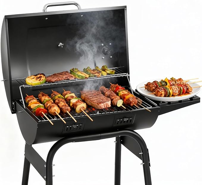 Outvita Barrel Charcoal Grill with Warming Rack Outdoor BBQ Grill with Side Front Table with Spacious Cooking Grid Area for Backyard Patio Picnic Parties Camping Black