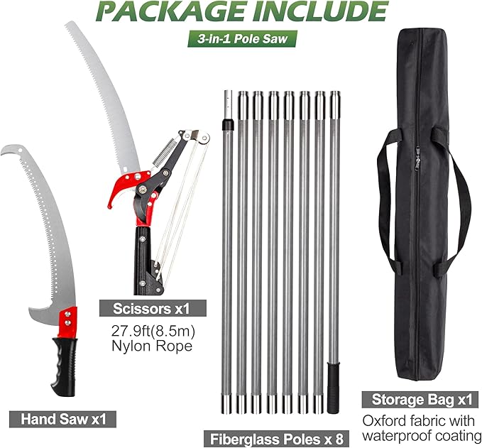 Walensee Pole Saw for Tree Trimming 7.2-27 FT Manual Tree Pruner with 8 Sectional Fiberglass Poles Saw Blade &amp Pruning Scissor Head Adjustable Branch Cutter for Yard Garden with Storage Bag
