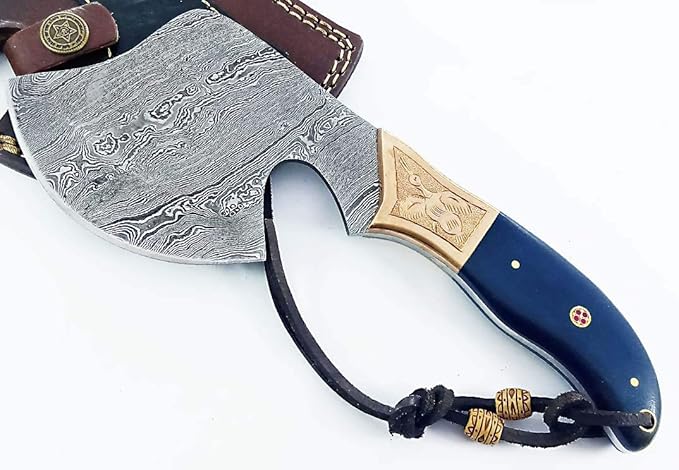 Dessi Handmade Damascus Steel Axe Hatchet Blue Micarta Handle Brass Eagle Engraving Leather Sheath Camping Bushcraft EDC Tomahawk Gift Men SM46