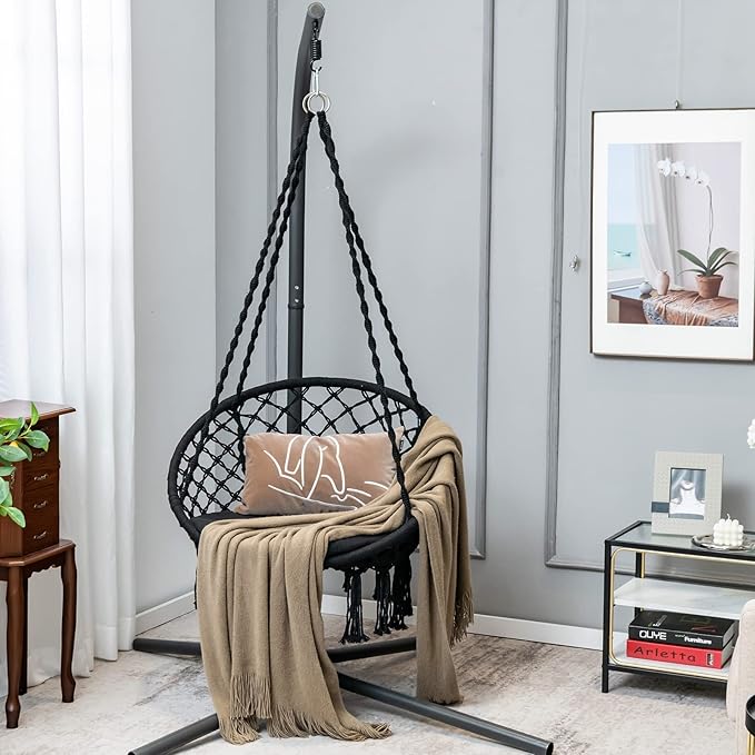 Giantex Hammock Chair Macrame Swing - Hanging Chair with Cushion and Hardware Kit 330 LBS Weight Capacity Indoor Swing for Hammock Stand Patio Balcony Living Room Hammock Swing (Black)