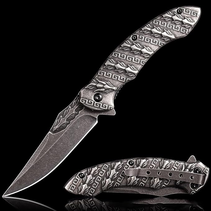 Folding knife 3D relief keel pattern 8Cr14MoV handle material for Camping Finshing Hunting Survival for Men Women (A2)
