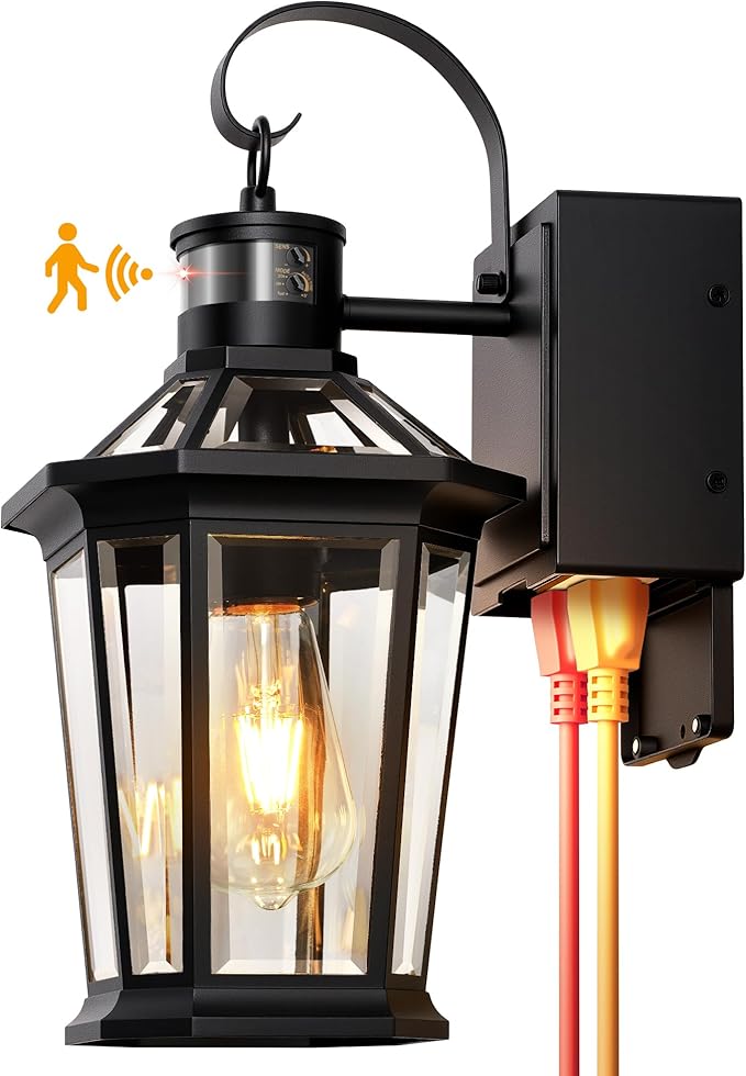 Gleamz Porch Lights Outdoor with GFCI Outlet Black Motion Sensor Light Wall Mount 100% Aluminum Anti-Rust Waterproof Outside Light Fixture for House Patio Garage Adjustable Distance Time 5 Modes