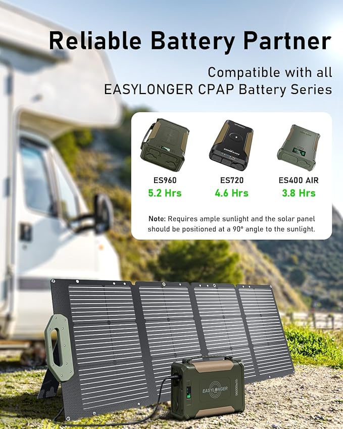 EASYLONGER 110W Foldable Solar Panel ESP110 Portable Solar Charger for CPAP Battery ES960 ES720 ES400 AIR Power Station Camping Fishing Outdoor RV and Blackouts